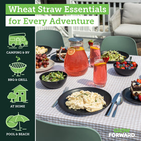 Grow Forward unbreakable wheat straw dishes shown outdoors, ideal for patio dining and camping.