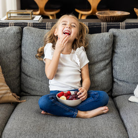 Grow Forward Wheat Straw Kids Plates Sahara stack demonstrates space-saving design.