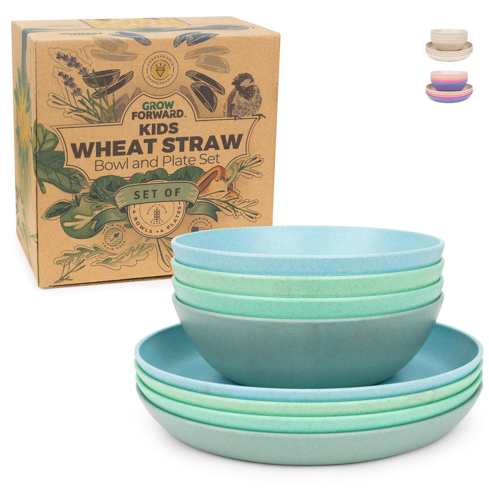 Grow Forward Wheat Straw Kids Plates in rainforest color, ideal for self-feeding and mess-free meals
