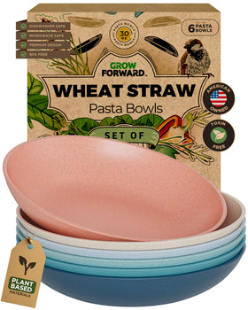 Grow Forward wheat straw pasta bowls in tropical color with 30oz capacity for hearty portions.