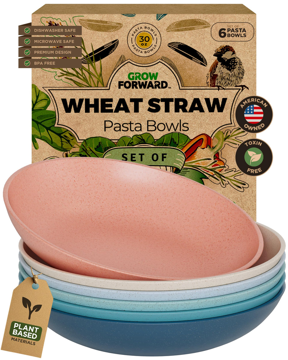Grow Forward wheat straw pasta bowls in tropical color with 30oz capacity for hearty portions.