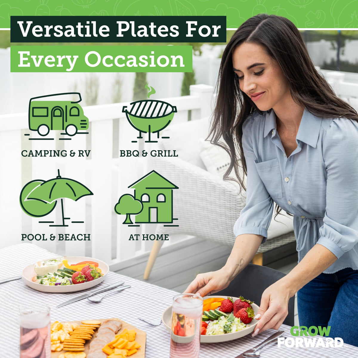 Grow Forward plates with lipped edges reduce spills during family meals