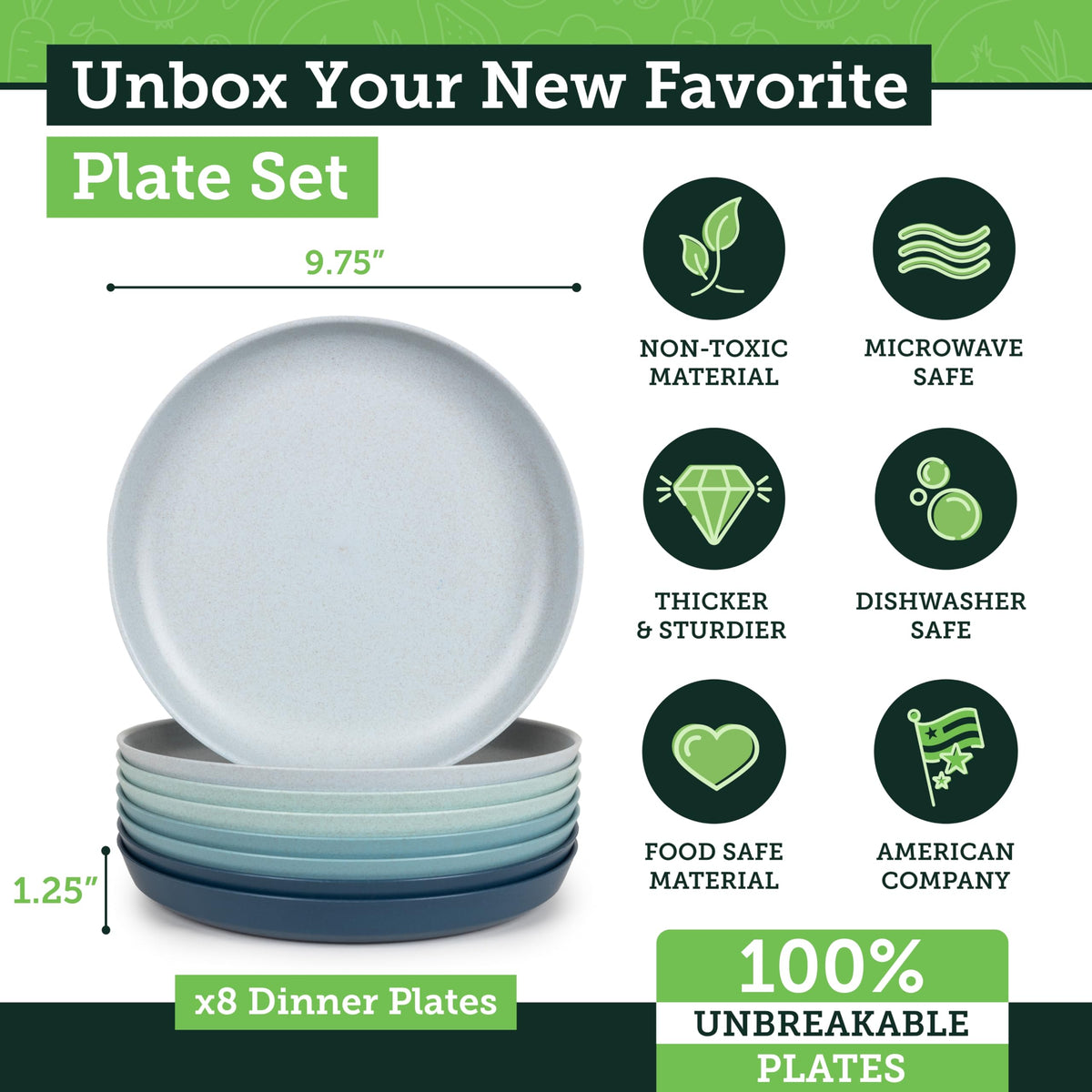Grow Forward Seascape 10-inch plate stacked neatly shows space-saving and dishwasher-safe convenience.
