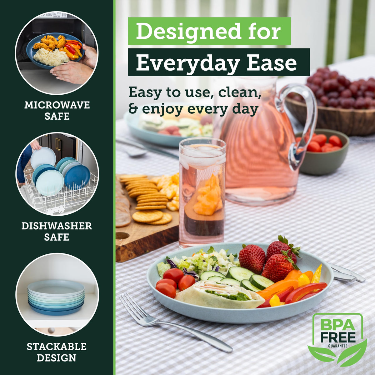 Grow Forward Seascape at outdoor table illustrates unbreakable design ideal for camping.