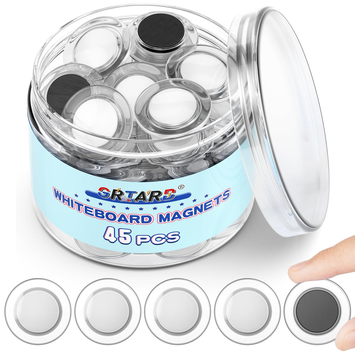 Grtard 45-pcs round magnets for whiteboard holding notes securely.