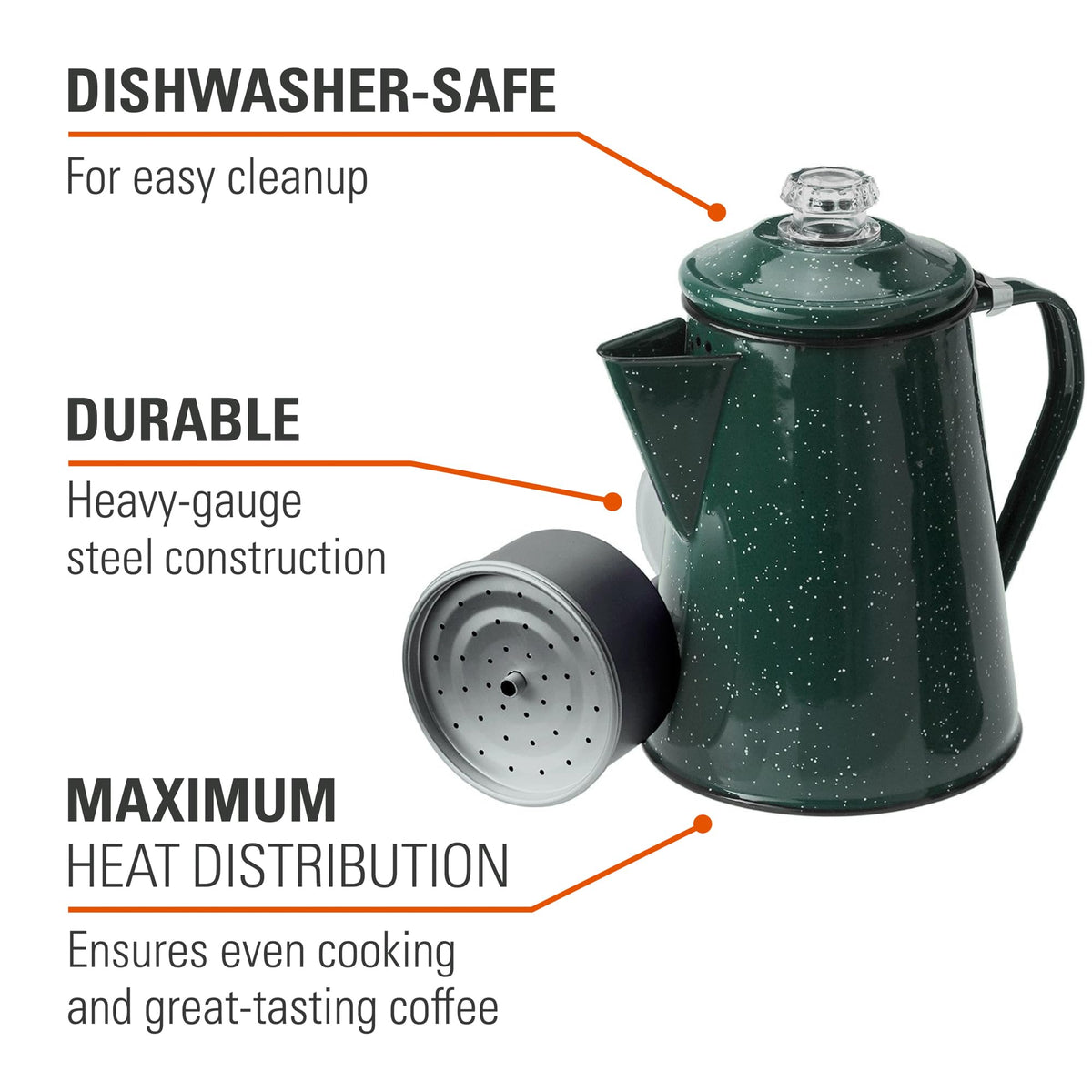 GSI Outdoors Percolator with durable stainless-steel body for rugged use.