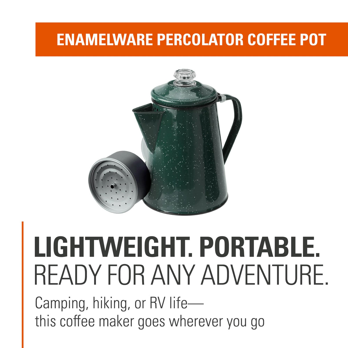 GSI Outdoors Percolator with heat-resistant handle for safe pouring.