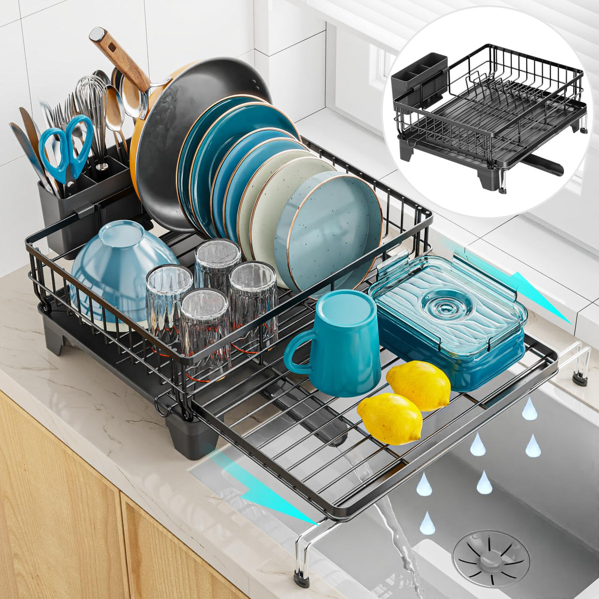 GSlife expandable dish rack extended on counter for extra drying space.