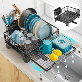GSlife expandable dish rack extended on counter for extra drying space.