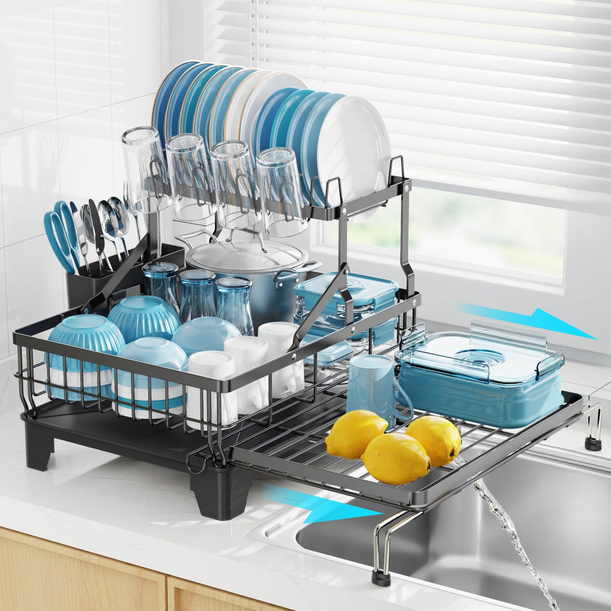 GSlife large 2-tier dish drying rack extended for extra counter space.