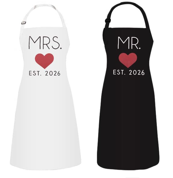 GSM Brands Mr. & Mrs. 2026 aprons front view, ideal for coordinated couple cooking