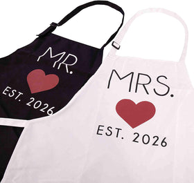 GSM Brands Mr. & Mrs. 2026 aprons, packaged set ready for gifting