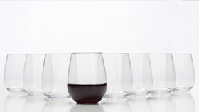 GSM Brands stemless unbreakable Tritan wine glasses, ideal for outdoor entertaining