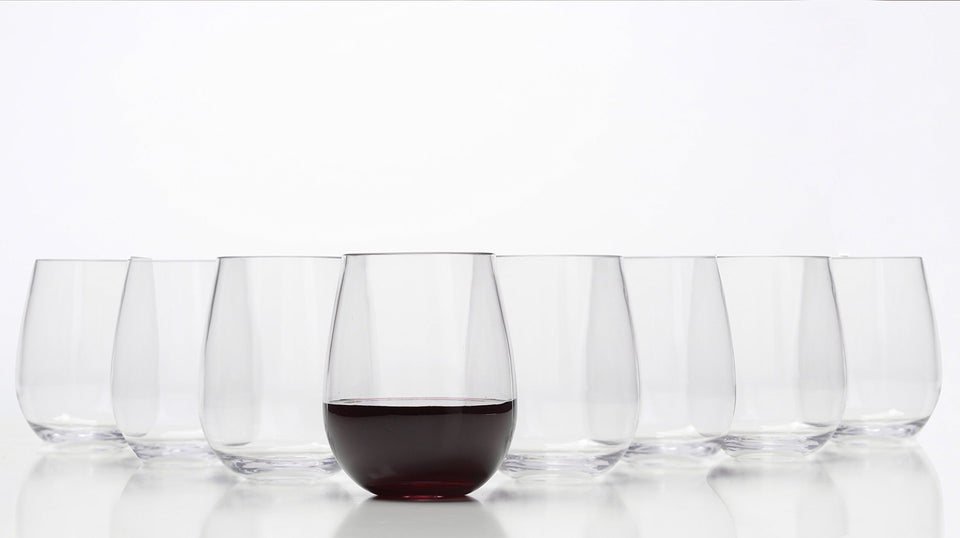 GSM Brands stemless unbreakable Tritan wine glasses, ideal for outdoor entertaining