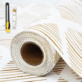 GTJ shelf liner in brown stripes protects shelves from moisture and scratches.
