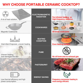 GTKZW electric cooktop compatible with iron, ceramic, and stainless steel cookware.