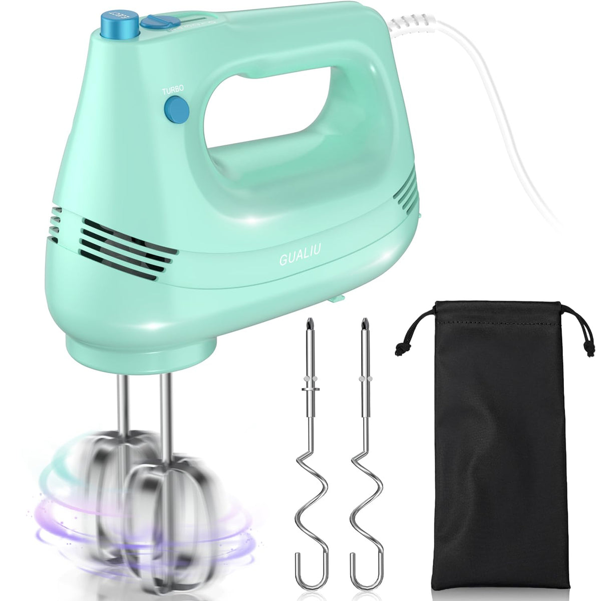 GUALIU electric hand mixer with stainless steel whisk for smooth, fluffy batters.