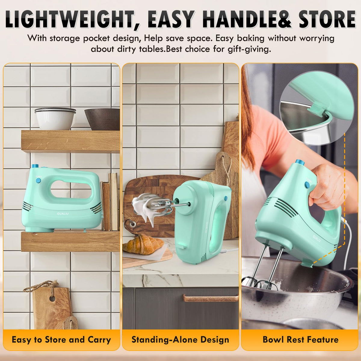 GUALIU ergonomic non-slip handle for comfortable, fatigue-free use.