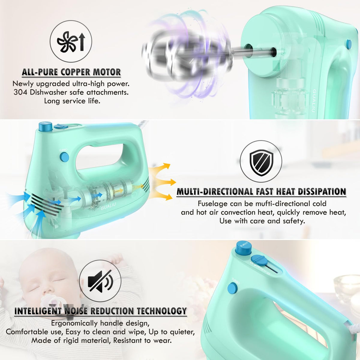 GUALIU hand mixer turbo boost mode for fast batter and cream whipping.