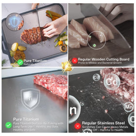 GUANCI cutting board showing 360° silicone edging for stable, slip-free chopping.