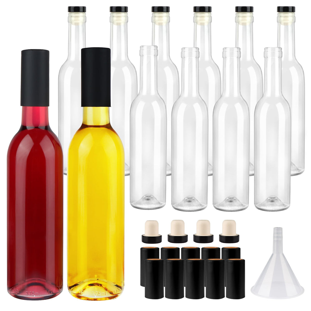 GUANENA 12-pack clear glass bottles with cork lids for easy storage and fermentation.