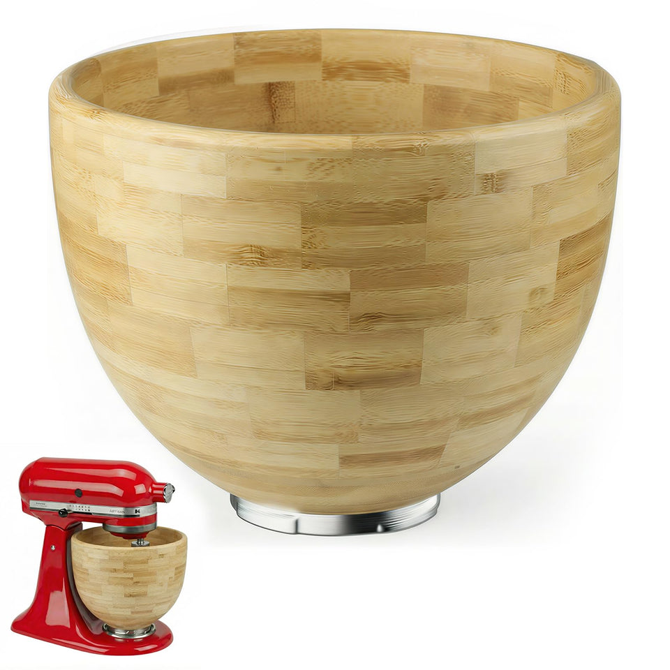 GuanQiao 5 Qt solid wood mixing bowl shows KitchenAid compatibility