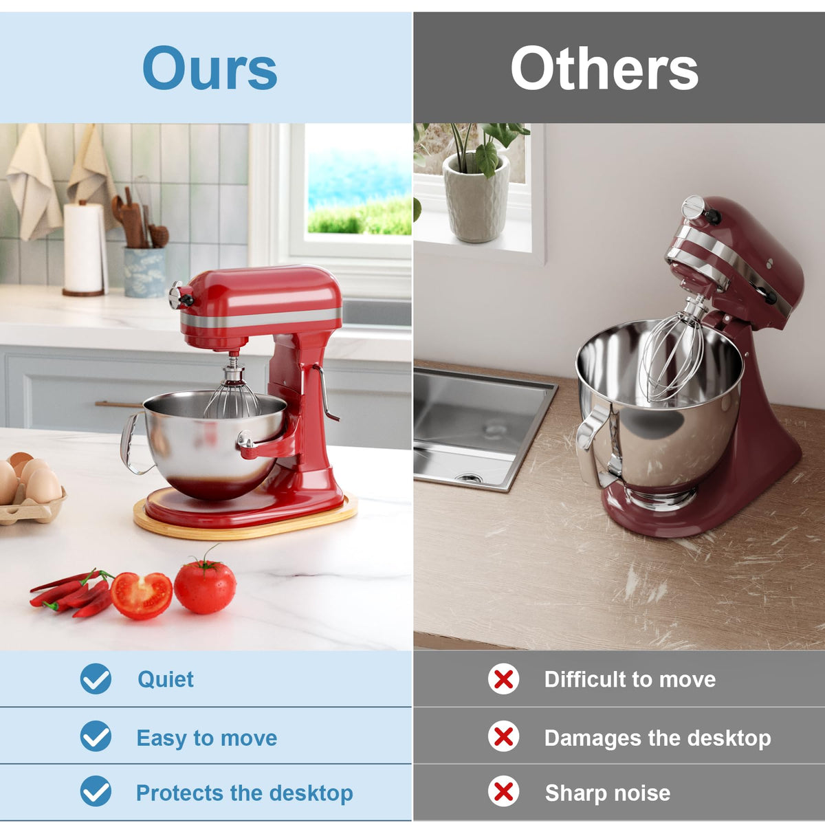 Smooth sliding reduces effort when repositioning the mixer.
