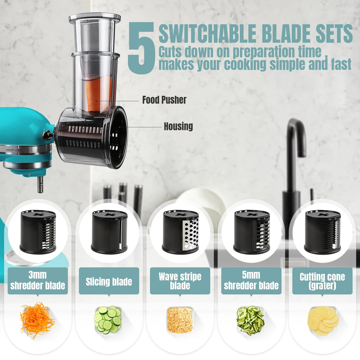 GuanQiao five-blade slicer set attachment creates consistent veggie cuts.