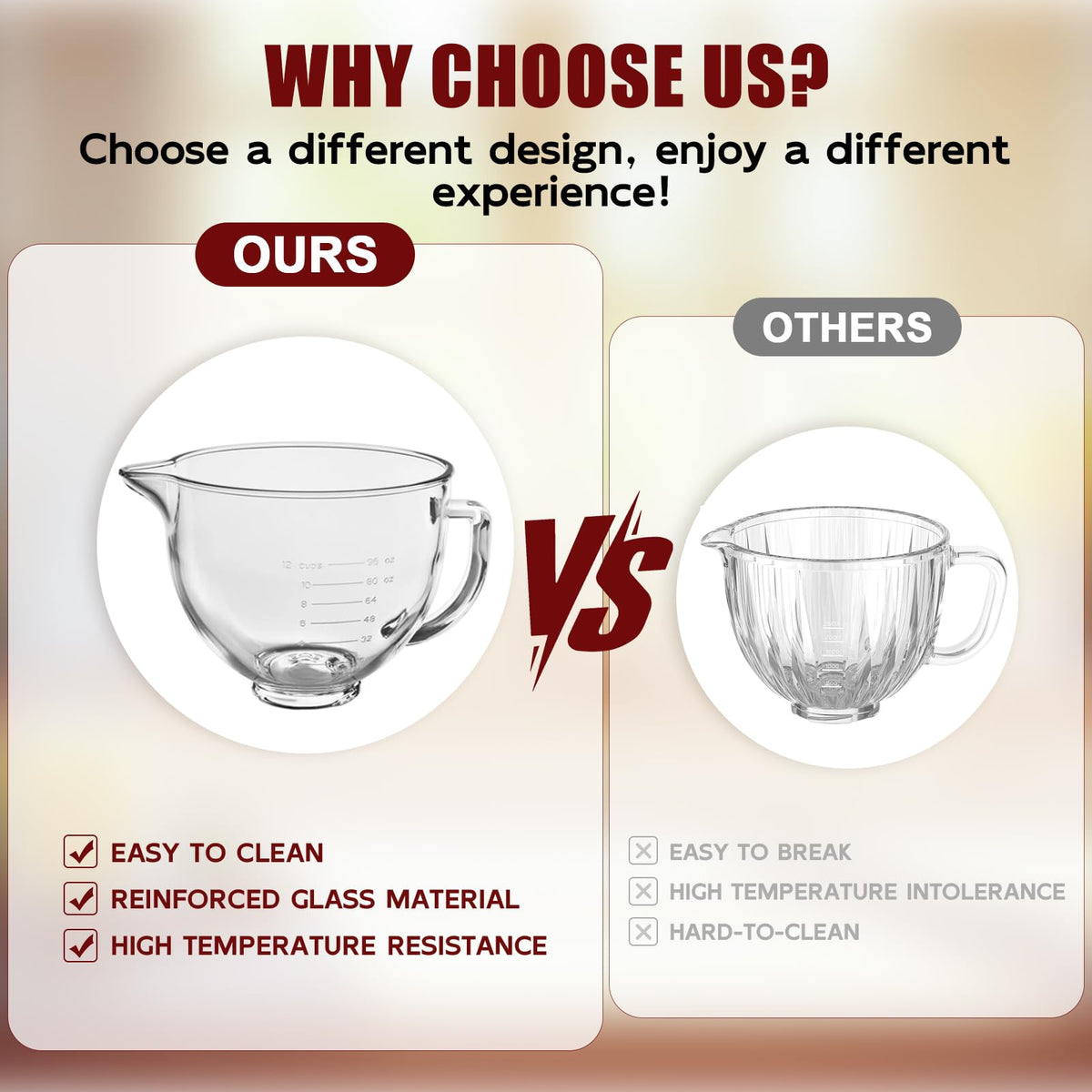 GuanQiao glass mixer bowl measurement markings enable precise additions.