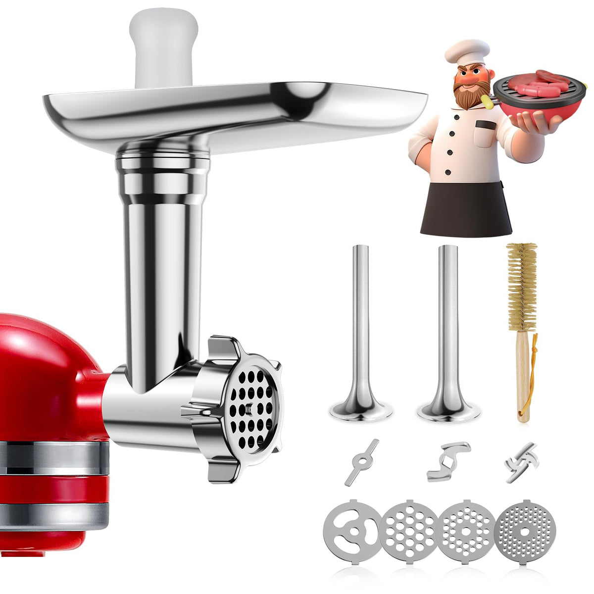 GuanQiao metal food grinder attachment mounted on a KitchenAid mixer for versatile grinding