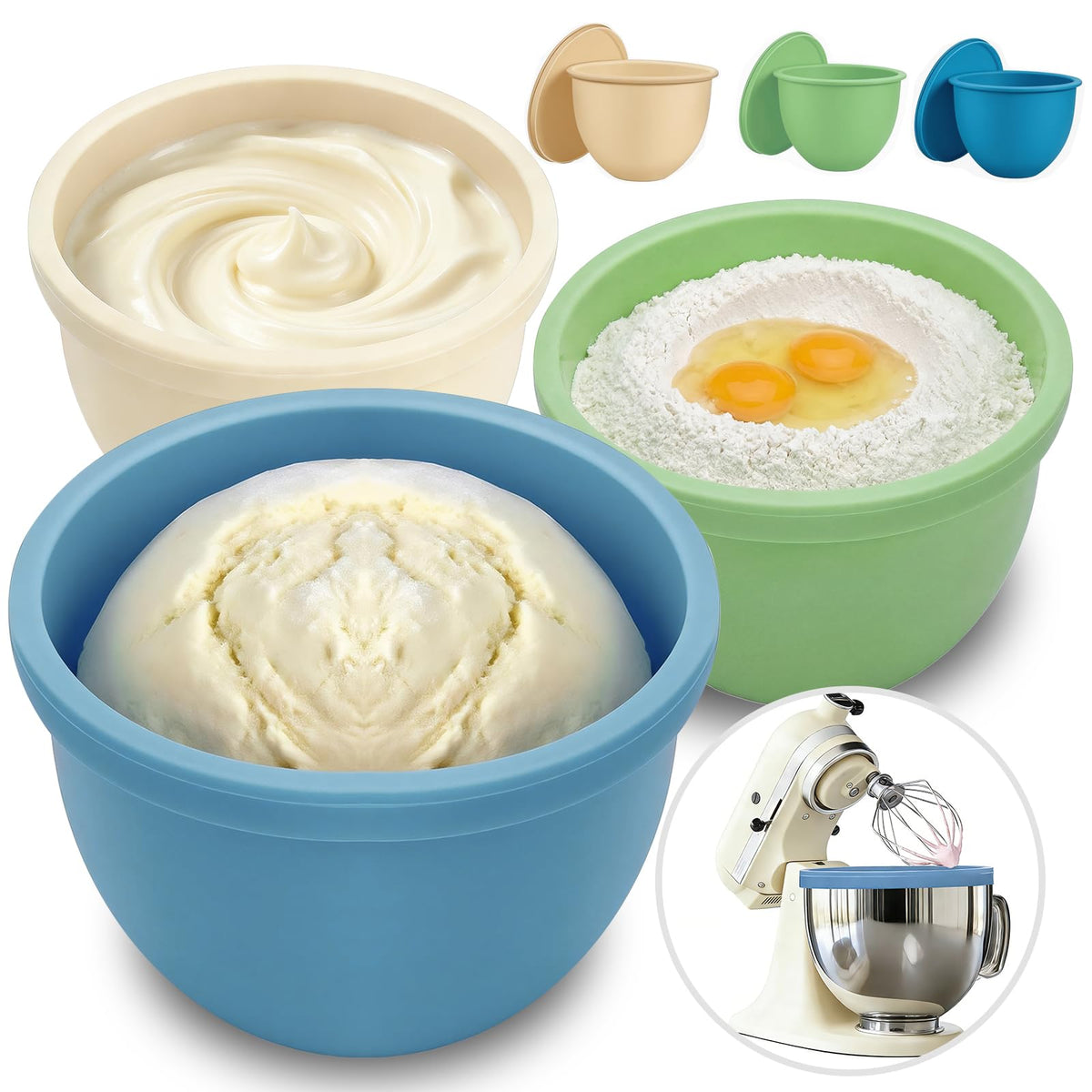 GuanQiao blue silicone bowl liner in use inside a KitchenAid bowl for mixing and storage