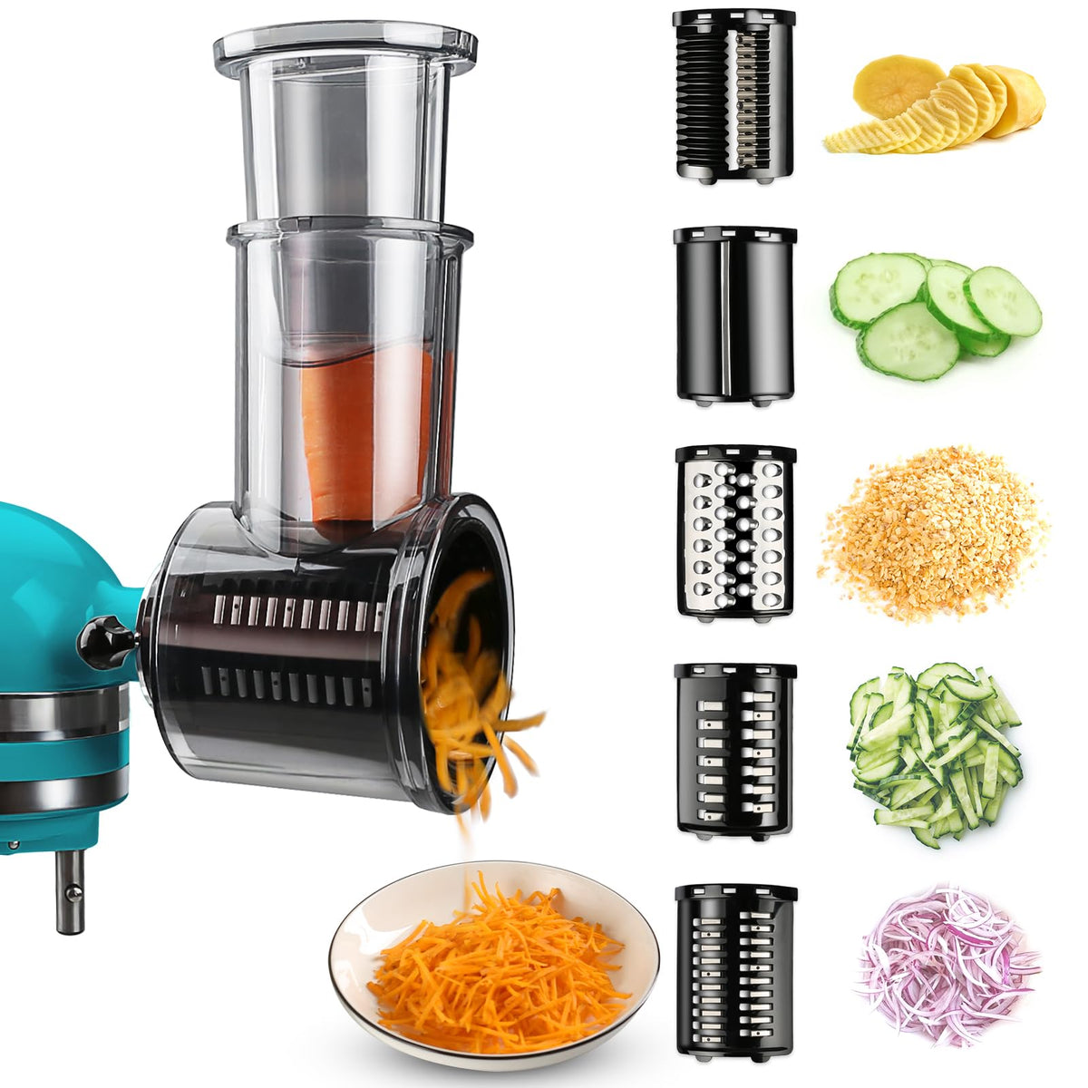 GuanQiao stainless steel slicer shredder attachment for KitchenAid enabling quick, even vegetable slicing.