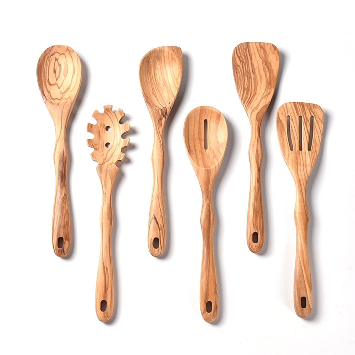 Gudamaye olive wood spoon set shows rich grain for durable kitchen use.