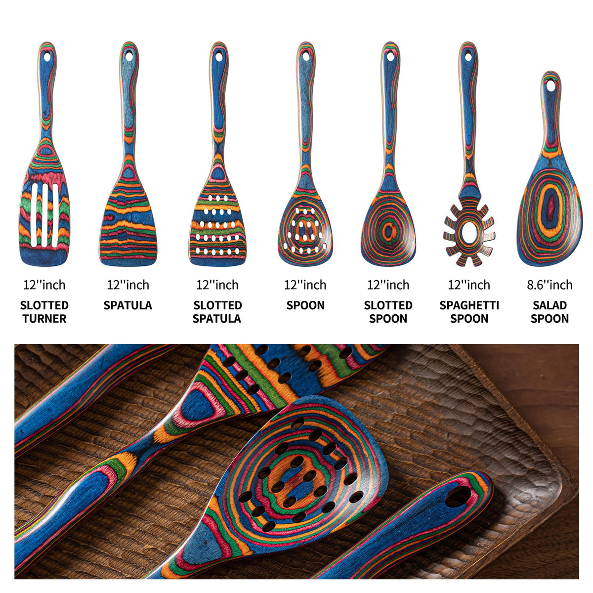 Gudamaye Pakkawood spoon and spatula ensemble for high-heat sautéing and flipping.