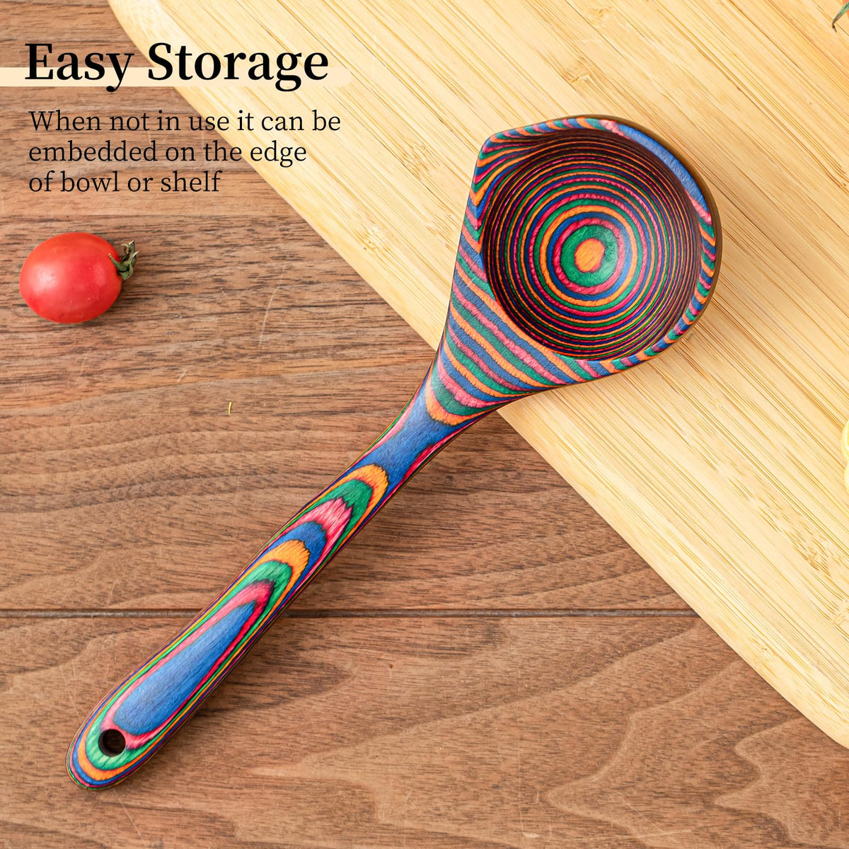 Gudamaye Pakkawood Rainbow Ladle mid-pour in soup demonstrates easy-spout design