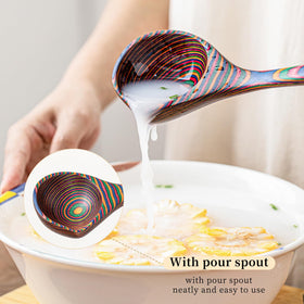 Gudamaye Pakkawood Rainbow Ladle pour close-up shows smooth, controlled servings