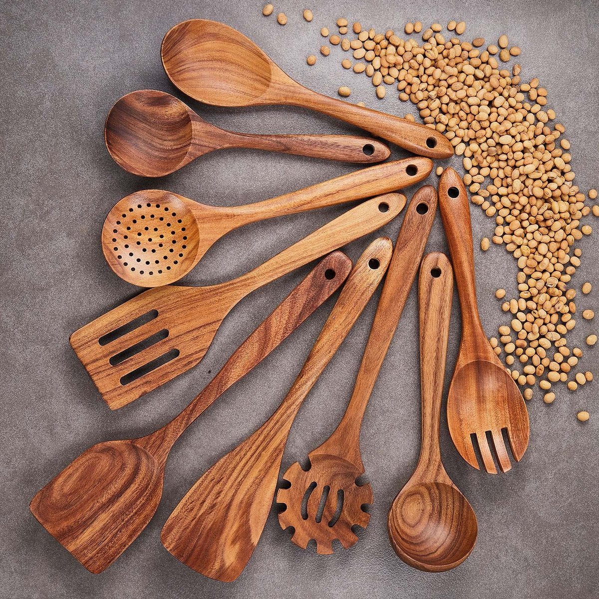 Gudamaye teak wooden spoons on a nonstick pan prevent scratching.