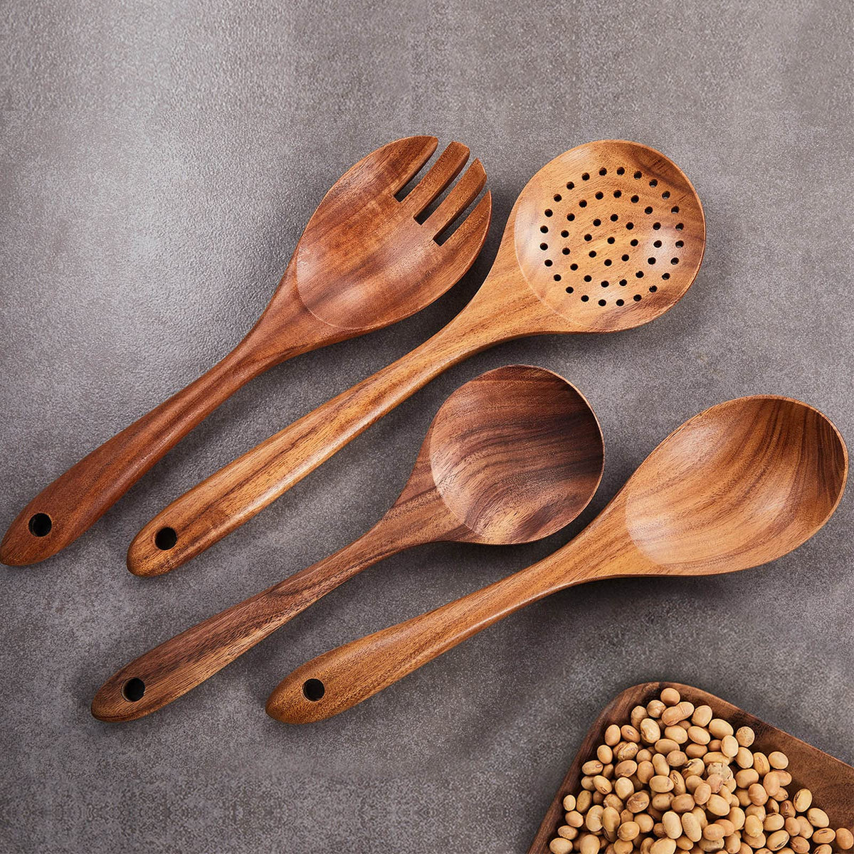 Gudamaye wooden utensils on kitchen counter ready for daily cooking.