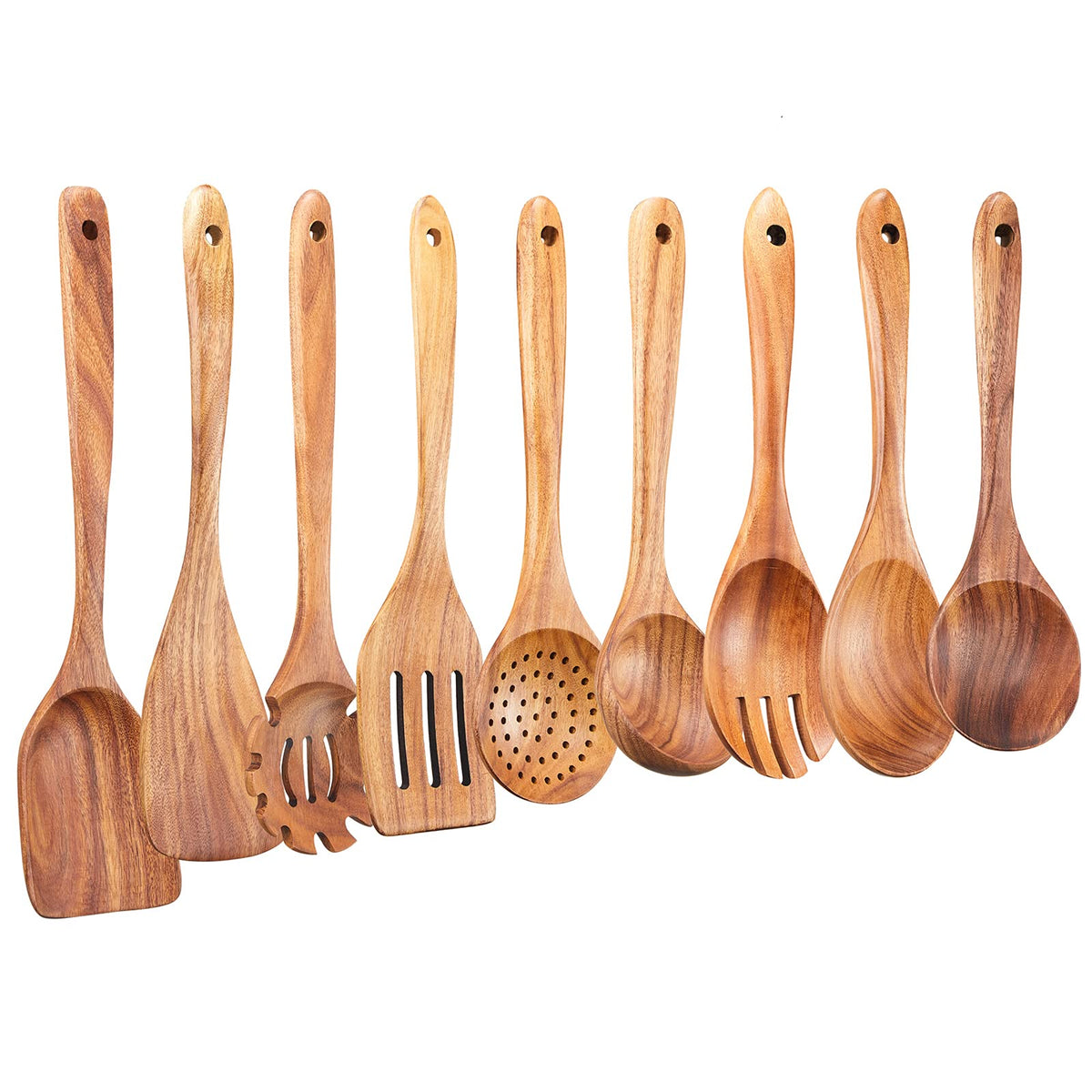 Gudamaye teak wooden spatula and spoons set for nonstick pan protection.