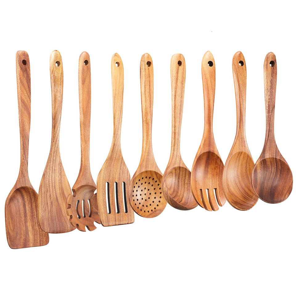 Gudamaye teak wooden spatula and spoons set for nonstick pan protection.