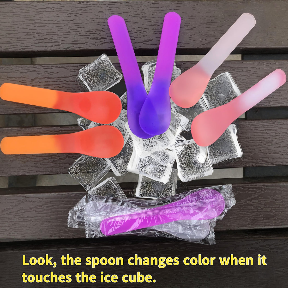 Gugowin spoons demonstrate temperature-triggered color shifts beside cold desserts