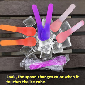 Gugowin spoons demonstrate temperature-triggered color shifts beside cold desserts