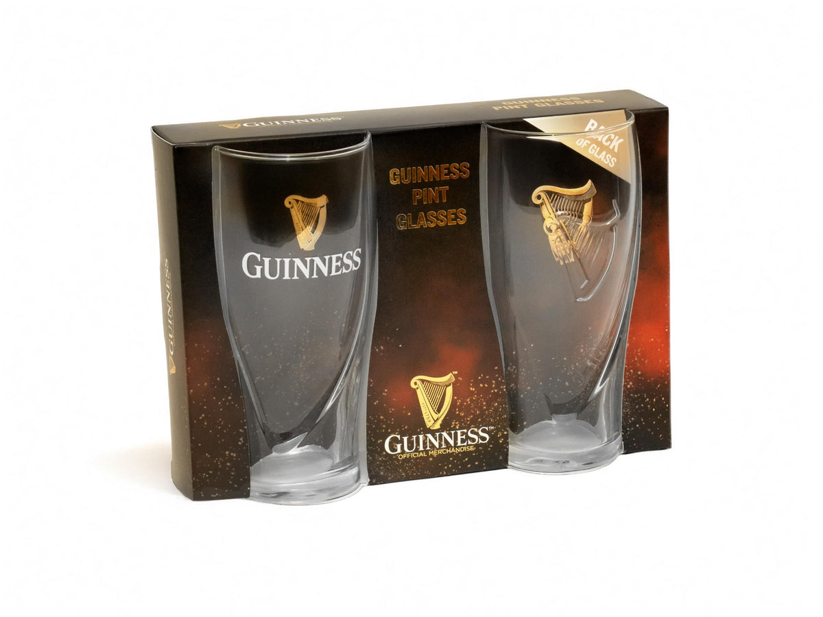 Guinness 20oz twin-pack resting on bar counter emphasizing sharing