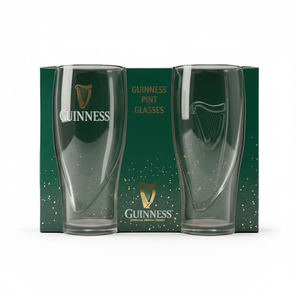 Guinness Gravity pint glass 2-pack with embossed harp for iconic pours.