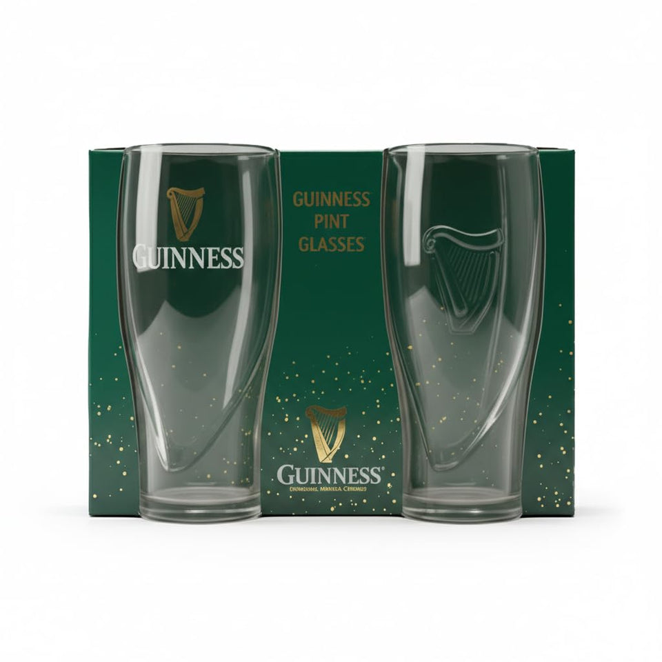 Guinness Gravity pint glass 2-pack with embossed harp for iconic pours.