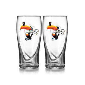Guinness gravity glasses with soccer toucan design for creamy pours on game day