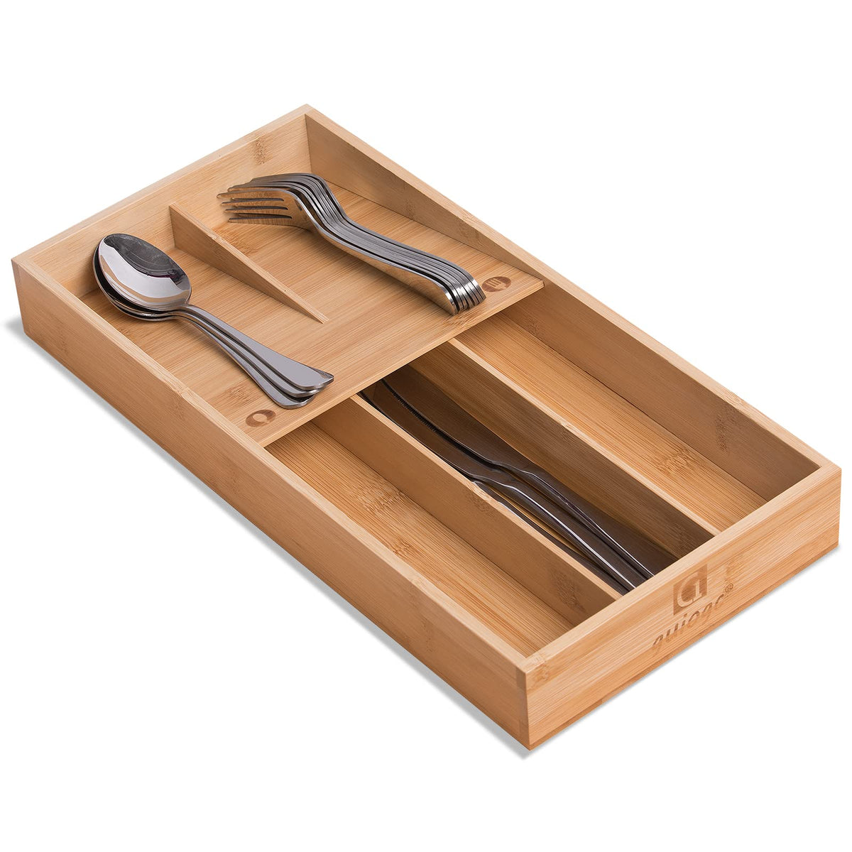 Guiogc bamboo silverware organizer in a drawer for efficient storage and easy access.