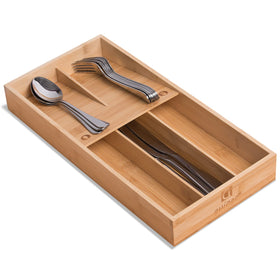 Guiogc bamboo silverware organizer in a drawer for efficient storage and easy access.