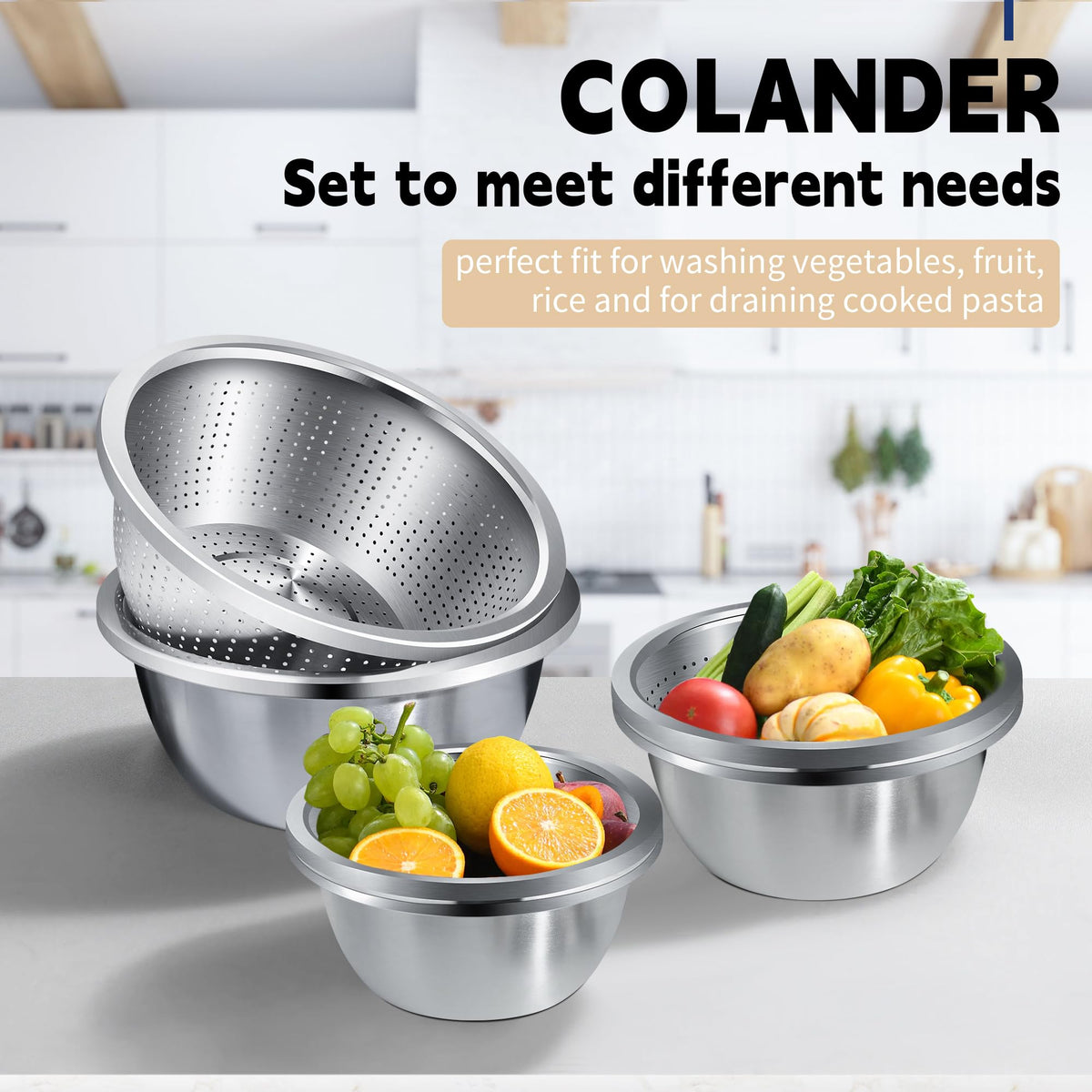 Gulex colander and bowls set keeps countertops dry after rinsing.