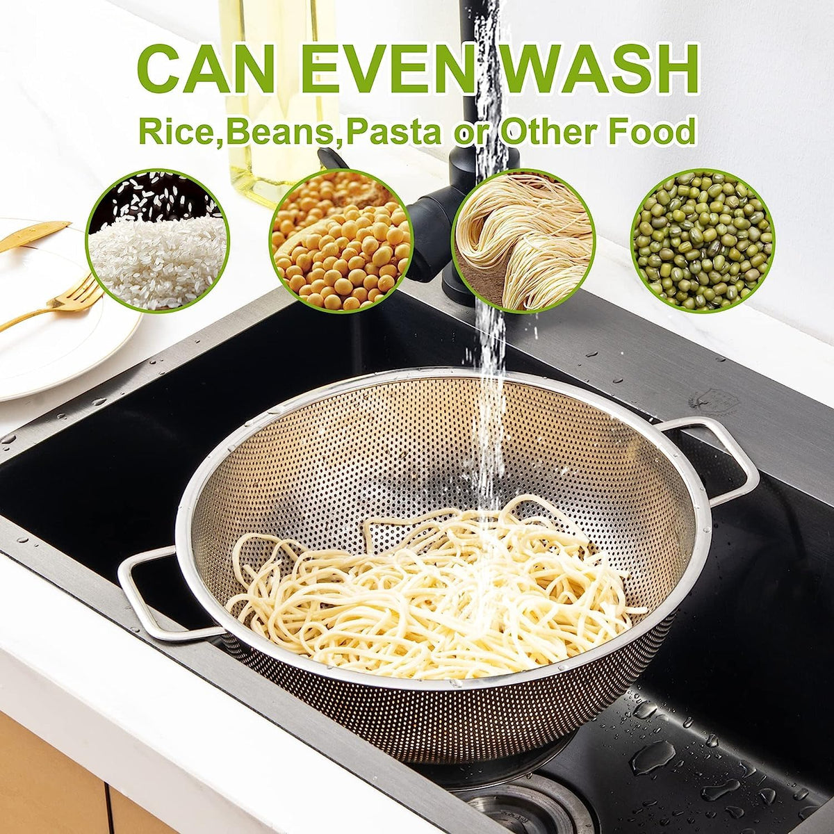Gulex footed design colander prevents tipping during draining.